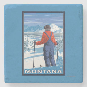 Skier AdmiringMontanaVintage Travel Poster Stone Coaster