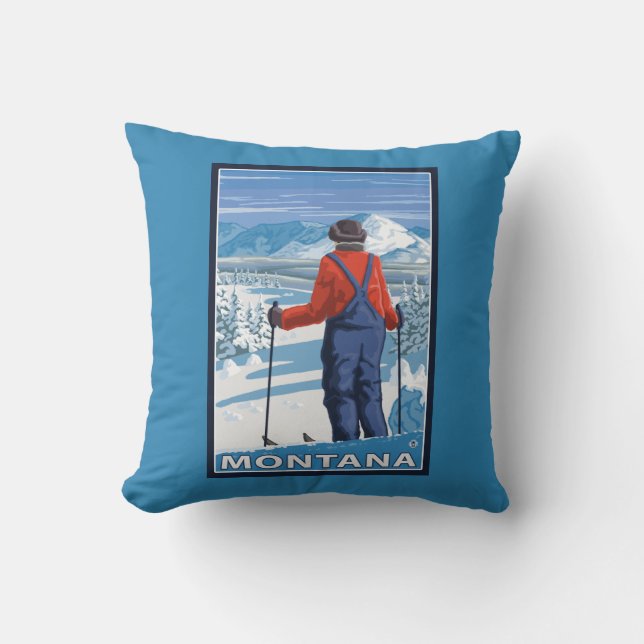 Skier AdmiringMontanaVintage Travel Poster Throw Pillow (Front)