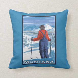 Skier AdmiringMontanaVintage Travel Poster Throw Pillow