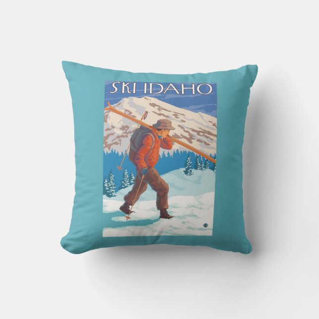 Skier Carrying Snow Skis - Idaho Throw Pillow (Front)