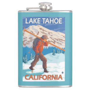 Skier Carrying Snow Skis - Lake Tahoe, Californi Hip Flask