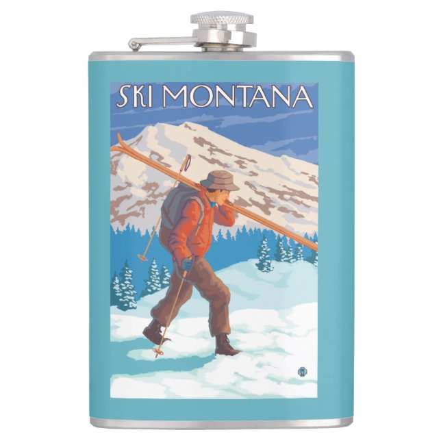 Skier Carrying Snow Skis - Montana Hip Flask (Front)