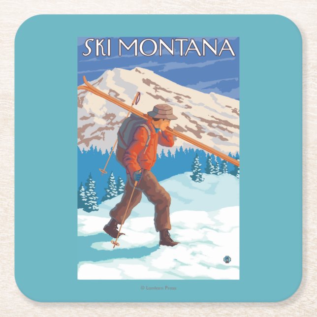Skier Carrying Snow Skis - Montana Square Paper Coaster (Front)