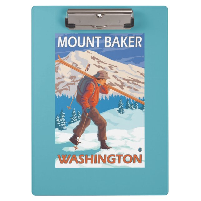 Skier Carrying Snow Skis - Mount Baker, WA Clipboard (Front)