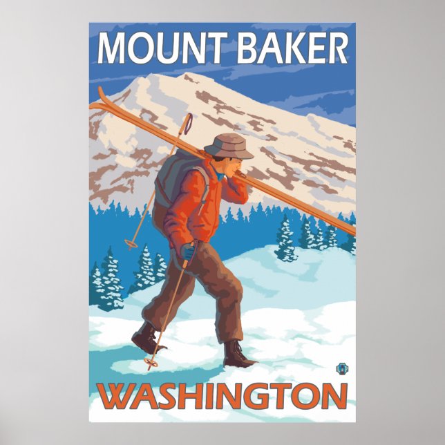 Skier Carrying Snow Skis - Mount Baker, WA Poster (Front)