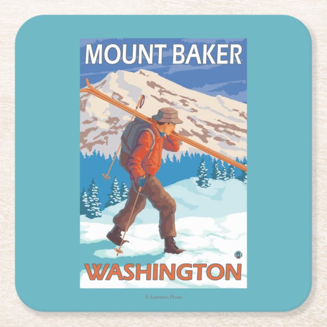 Skier Carrying Snow Skis - Mount Baker, WA Square Paper Coaster (Front)