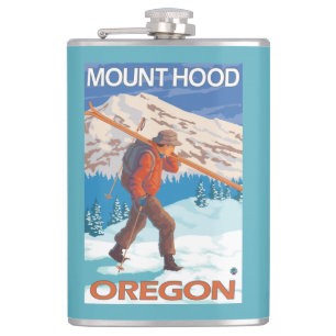 Skier Carrying Snow Skis - Mount Hood, OR Hip Flask