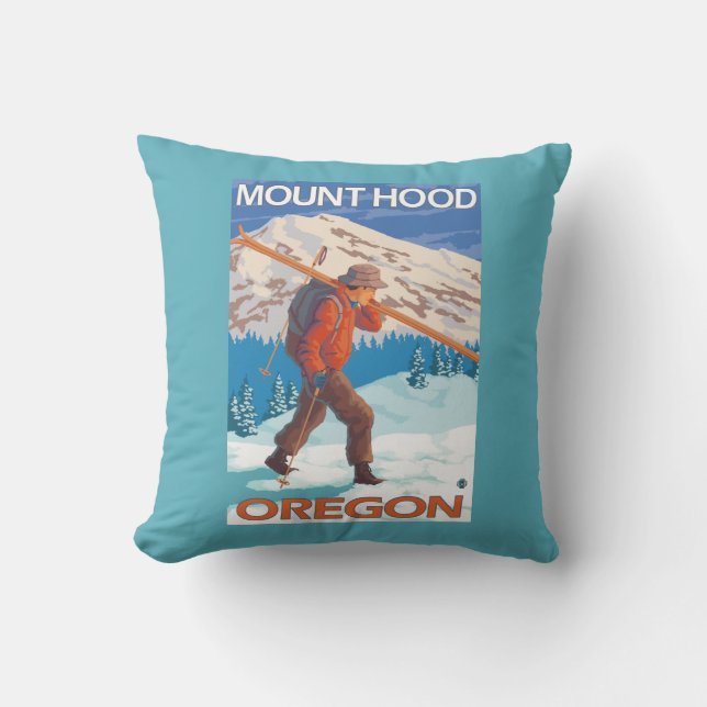 Skier Carrying Snow Skis - Mount Hood, OR Throw Pillow (Front)