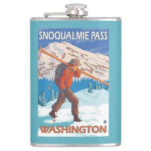 Skier Carrying Snow Skis - Snoqualmie Pass, WA Hip Flask
