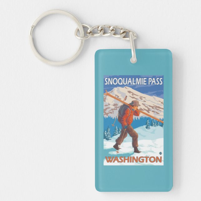Skier Carrying Snow Skis - Snoqualmie Pass, WA Keychain (Front)