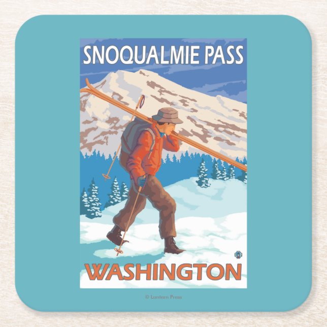 Skier Carrying Snow Skis - Snoqualmie Pass, WA Square Paper Coaster (Front)