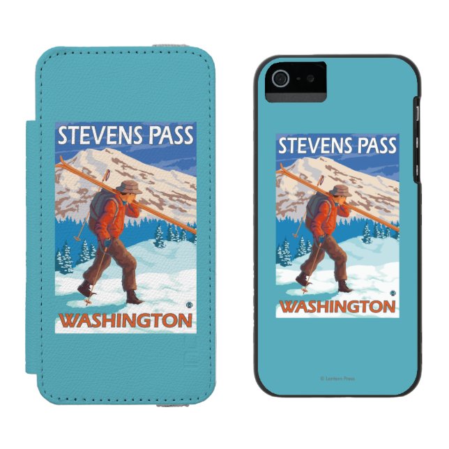 Skier Carrying Snow Skis - Stevens Pass, WA Incipio iPhone Wallet Case (Side by Side)