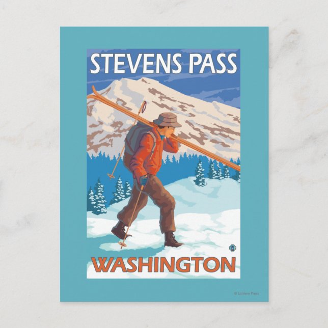 Skier Carrying Snow Skis - Stevens Pass, WA Postcard (Front)