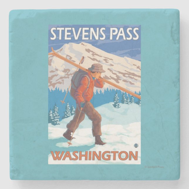 Skier Carrying Snow Skis - Stevens Pass, WA Stone Coaster (Front)