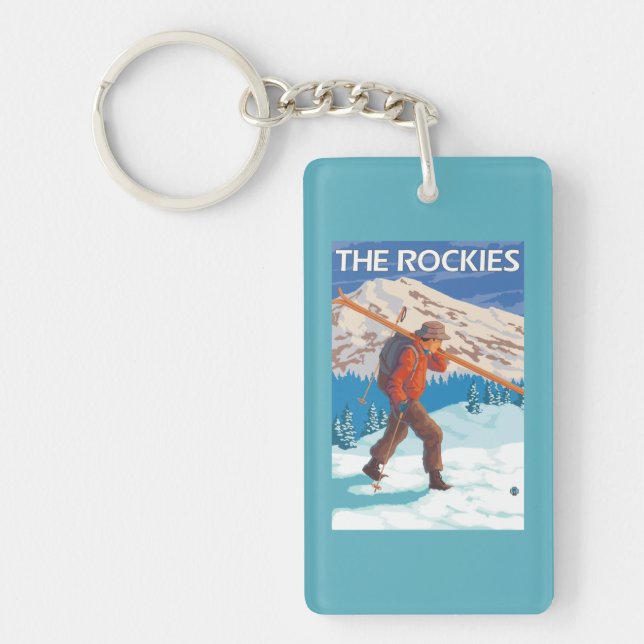 Skier Carrying Snow Skis - The Rockies Keychain (Front)
