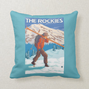 Skier Carrying Snow Skis - The Rockies Throw Pillow