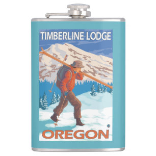 Skier Carrying Snow Skis - Timberline Lodge, OR Hip Flask