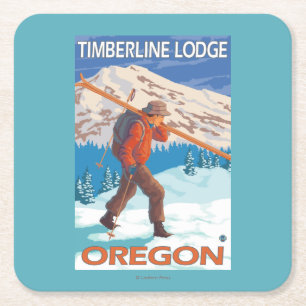 Skier Carrying Snow Skis - Timberline Lodge, OR Square Paper Coaster