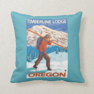 Skier Carrying Snow Skis - Timberline Lodge, OR Throw Pillow