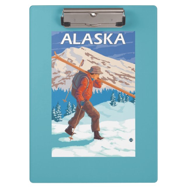 Skier Carrying Snow Skis- Vintage Travel 3 Clipboard (Front)
