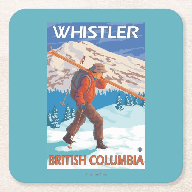 Skier Carrying Snow Skis - Whistler, BC Canada Square Paper Coaster (Front)