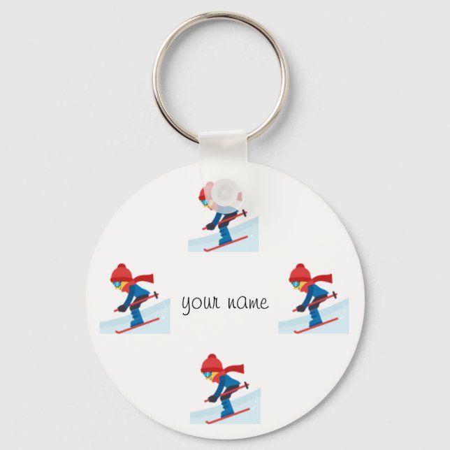 Skier Emoji  and '' Your Name Here " Keychain (Front)