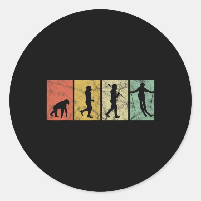 Skier Evolution Of Man Skiing Ski Funny Retro Vint Classic Round Sticker (Front)