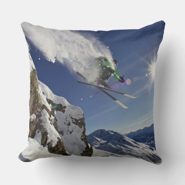 Skier in Midair Throw Pillow (Front)