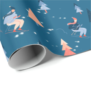 Skier In Snowflakes On Blue Wrapping Paper