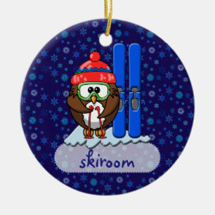 skier owl ceramic ornament