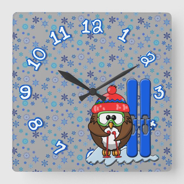 skier owl square wall clock (Front)
