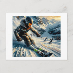 Skier Racing Down Mountain, Postcard
