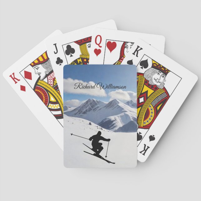 Skier Silhouette on snowy mountains Personalize Playing Cards (Back)