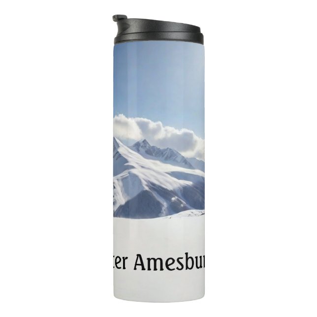 Skier Silhouette on Snowy Mountains personalize Thermal Tumbler (Rotated Right)