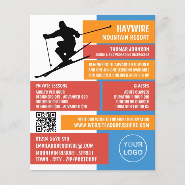 Skier Silhouette, Ski/Snowboarding Lessons/Classes Flyer (Front)