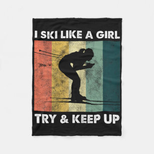 Skier Ski Retro Sportswoman Try Snow Sport Fleece Blanket