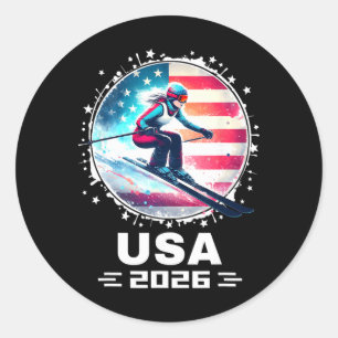 Skier Ski Usa Team 2026 Skiing American Flag Women Classic Round Sticker
