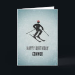 Skier Theme - Add Name - Modern Masculine Birthday Card<br><div class="desc">A skiing motif that features a downhill skier against a metallic look background that gives a modern effect of galvanized steel. The black graphic has an etched and painted metal appearance. Change example text to his name, and customize the occasion or greeting on the front if needed. Then add a...</div>