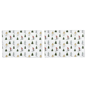 Skiers And Fir Trees Watercolor Winter Pattern Pillowcase