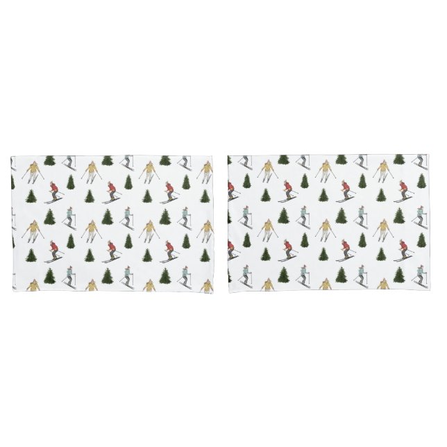 Skiers And Fir Trees Watercolor Winter Pattern Pillowcase (Front-Set)