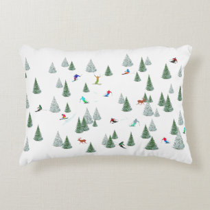 Skiers Downhill Skiing Illustration  Accent Pillow