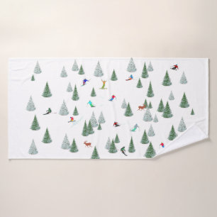 Skiers Downhill Skiing Illustration  Bath Towel