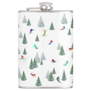Skiers Downhill Skiing Illustration Hip Flask