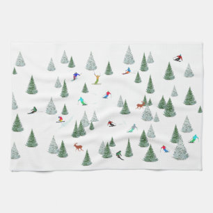 Skiers Downhill Skiing Illustration Kitchen Towel