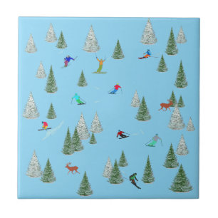 Skiers Downhill Skiing Illustration Pale Blue  Tile