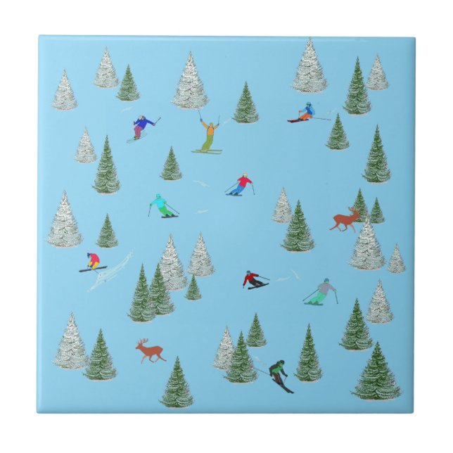 Skiers Downhill Skiing Illustration Pale Blue  Tile (Front)