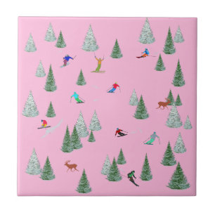 Skiers Downhill Skiing Illustration Pastel Pink Tile