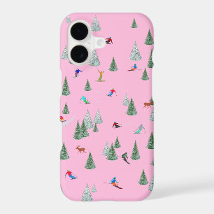 Skiers Downhill Skiing Illustration Pink