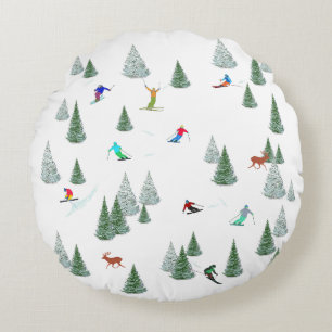 Skiers Downhill Skiing Illustration  Round Pillow