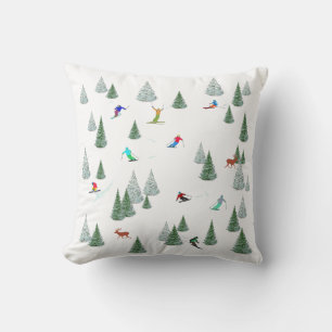 Skiers Downhill Skiing Illustration  Throw Pillow